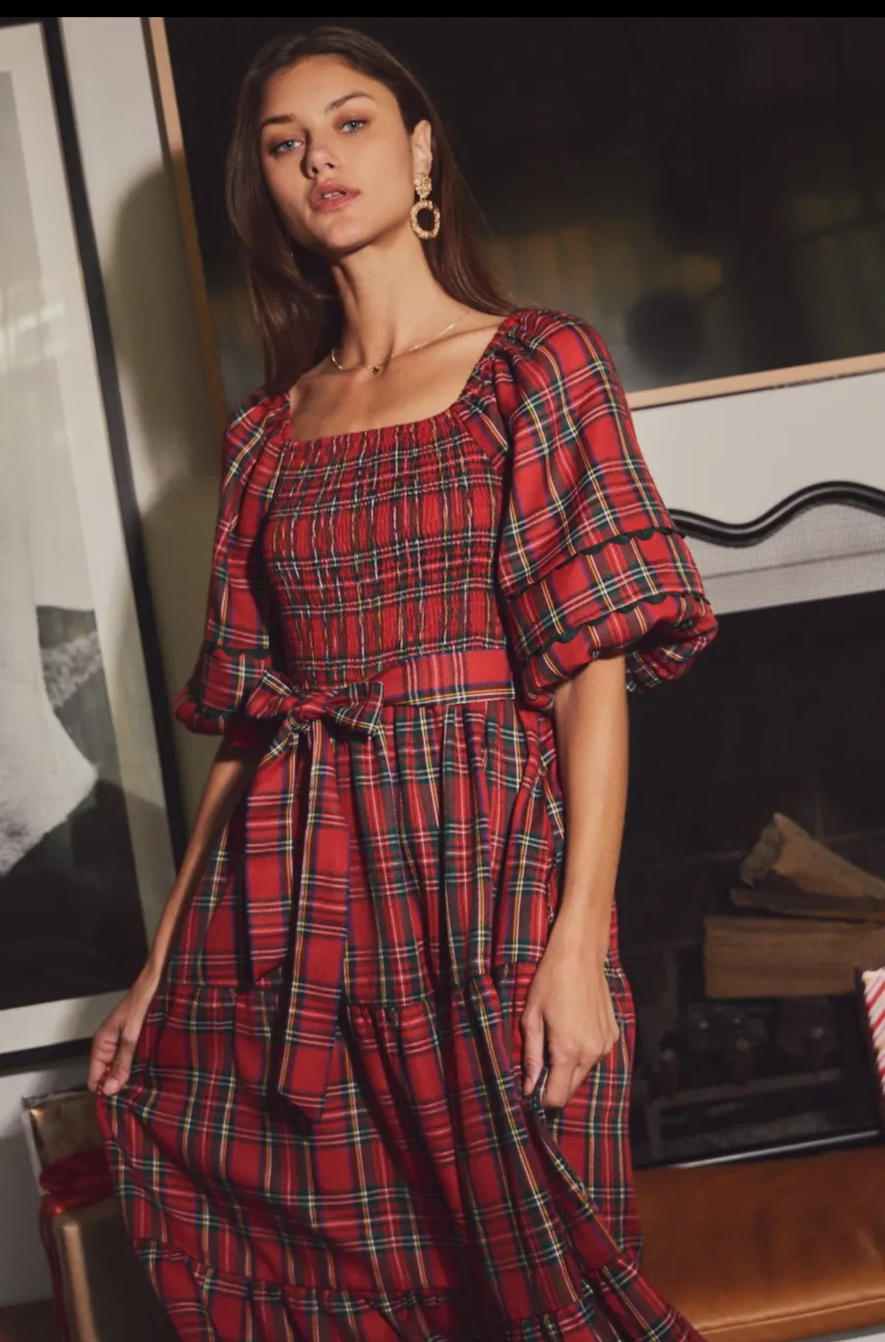 Leah Smocked Plaid Midi Dress