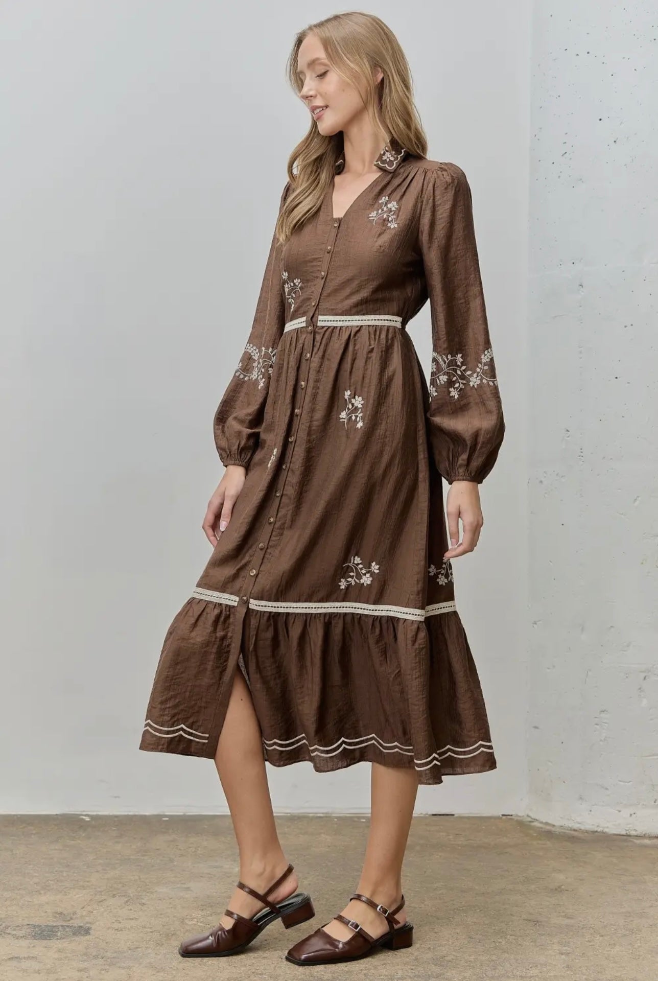 Ruth Floral Embroidered Button Front Dress