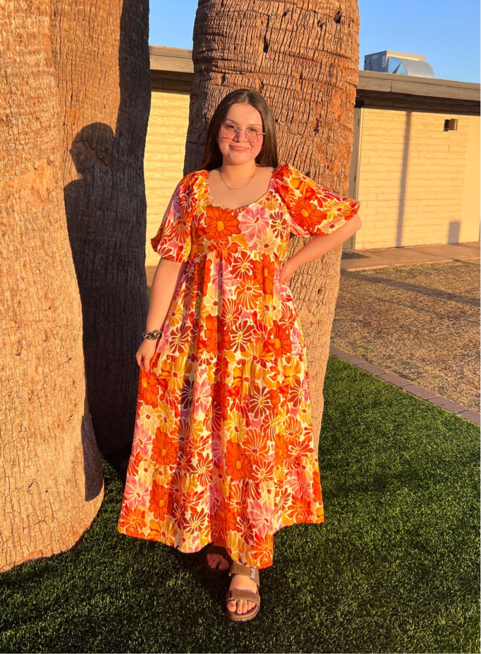 PRINTED FLORAL ROUND NECK DRESS