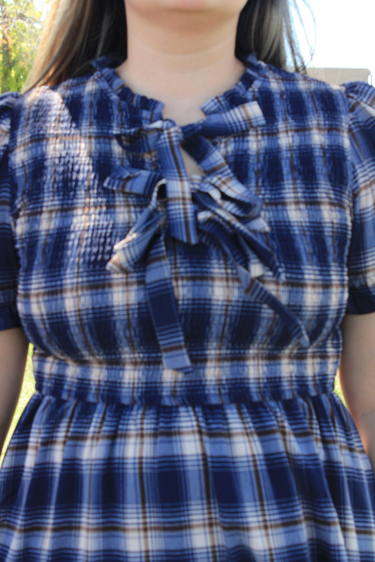 Plaid Front Tie Smocked Short Sleeve Midi Dress