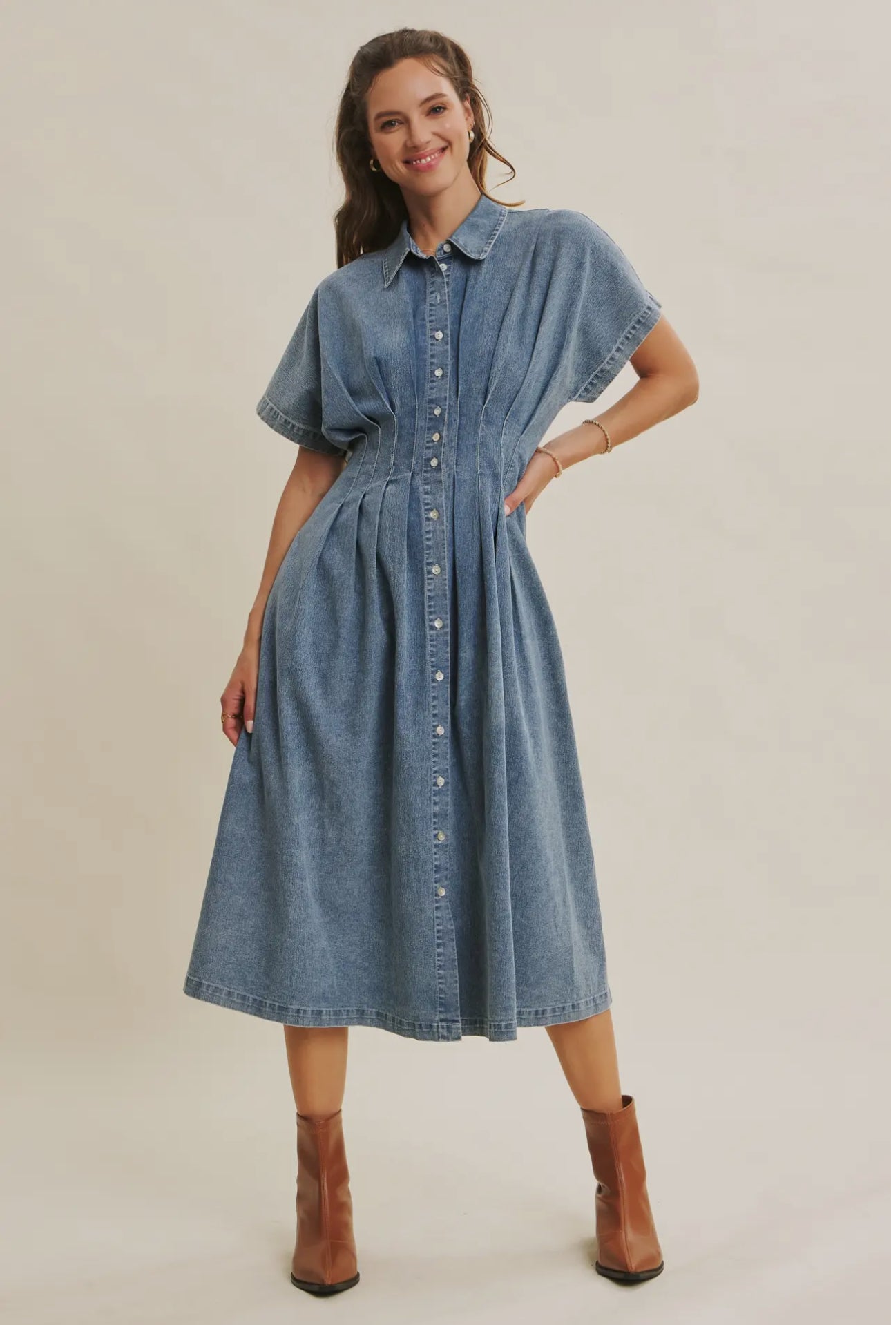 Stretchy Button-Down Denim
Pleated Midi Dress