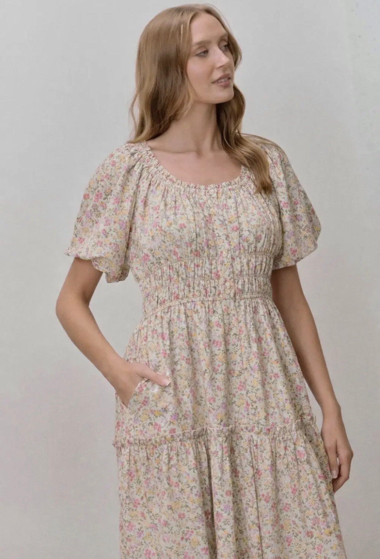 Alethia Floral Print Elastic Waist Midi Dress