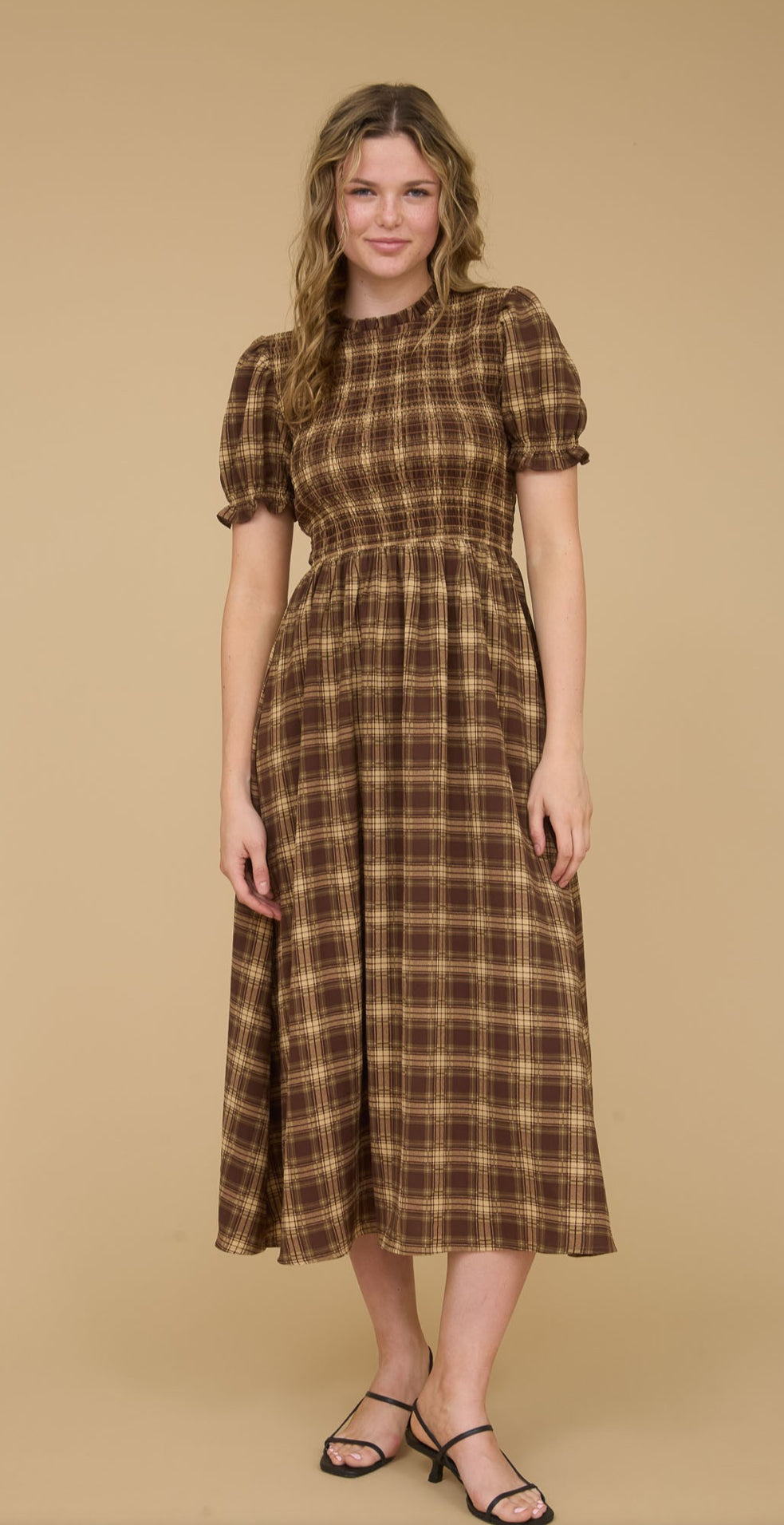 Plaid Round Neck Puff Sleeve Smocked Midi Dress