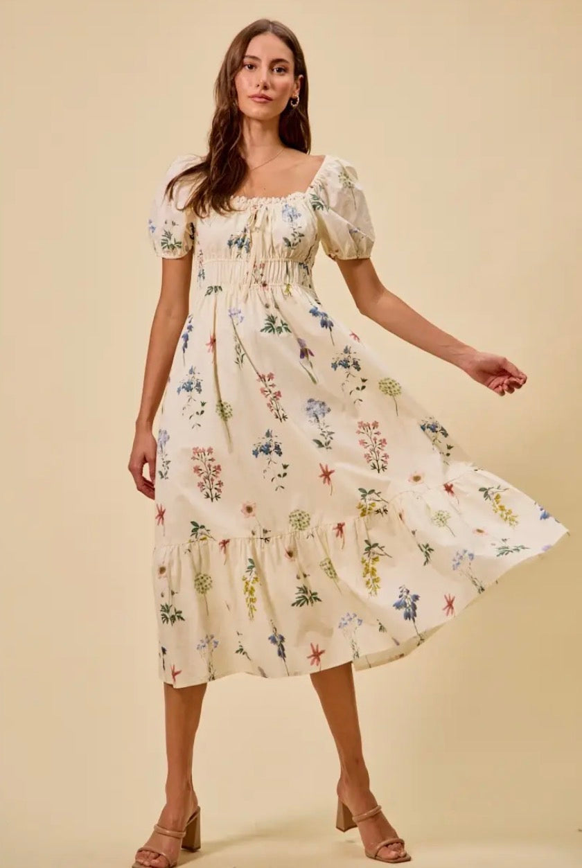 Nadia Floral Cotton Print Puff Sleeves Midi Dress