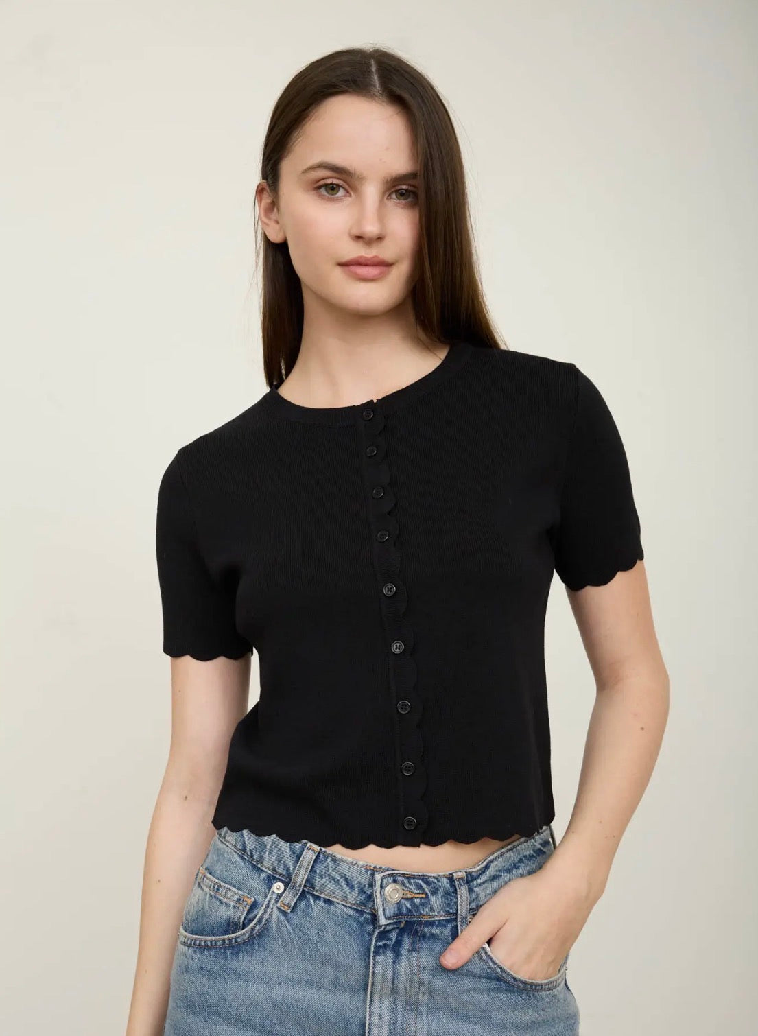 Ella Scalloped Short Sleeve Button Down
Knit Cardigan