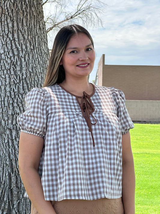 Naomi Plaid Check Pintuck Short Sleeves Blouse Top