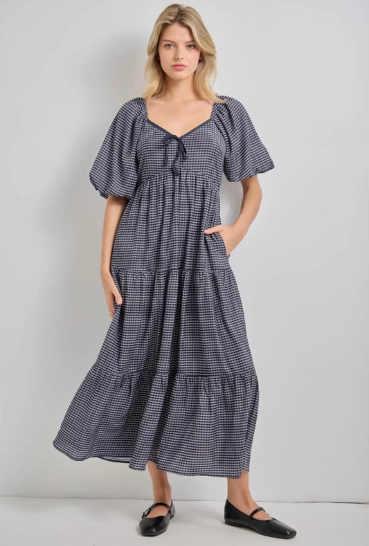 Amelia Gingham Tie-Front Puff Sleeve Tiered Maxi Dress