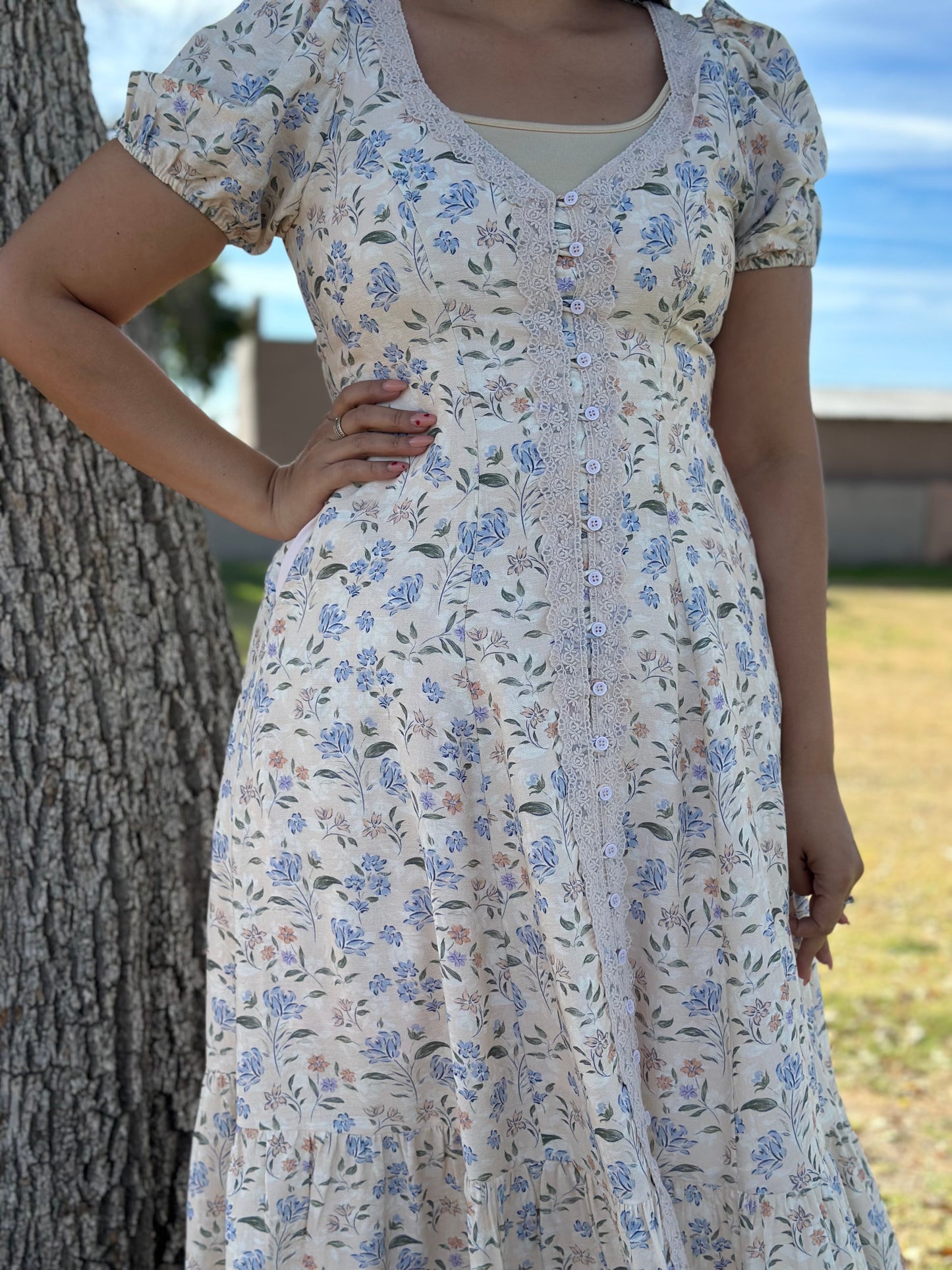 Ariella Lace Trim Button Down
Maxi Dress