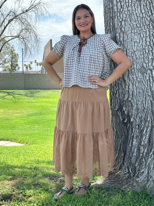 Yeni Tiered Embroidered Midi Skirt