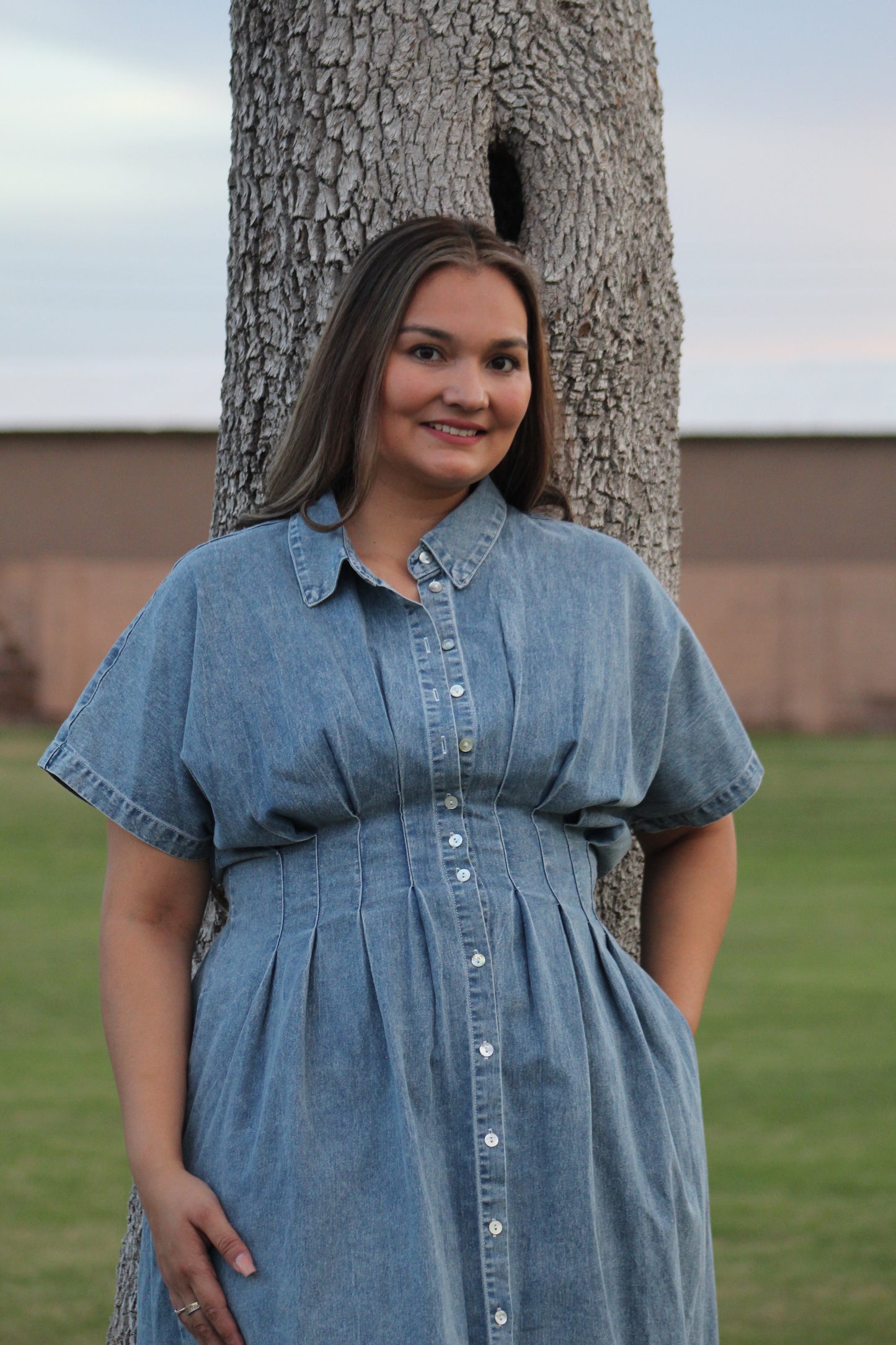 Stretchy Button-Down Denim
Pleated Midi Dress