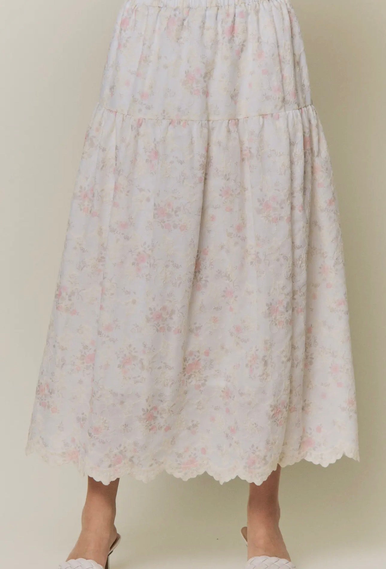 Linda Embroidered Floral Print Midi Skirt