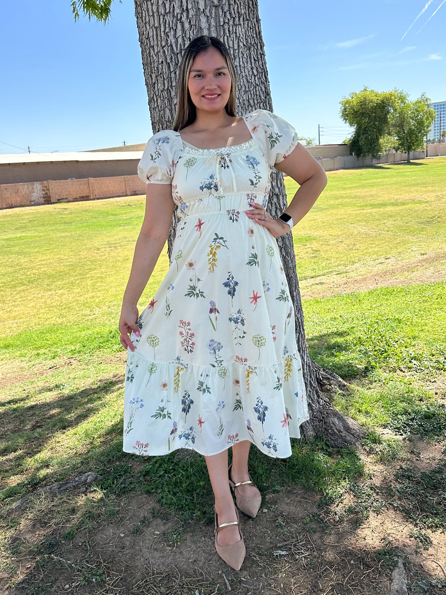 Nadia Floral Cotton Print Puff Sleeves Midi Dress