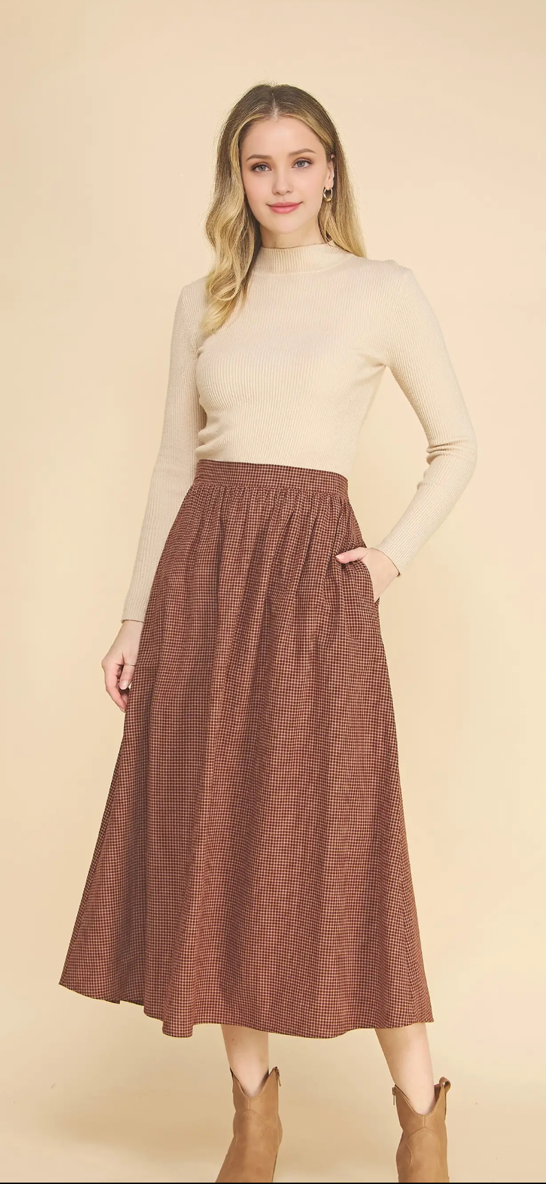 Cherrywood Gingham Print Flowy Midi Skirt
