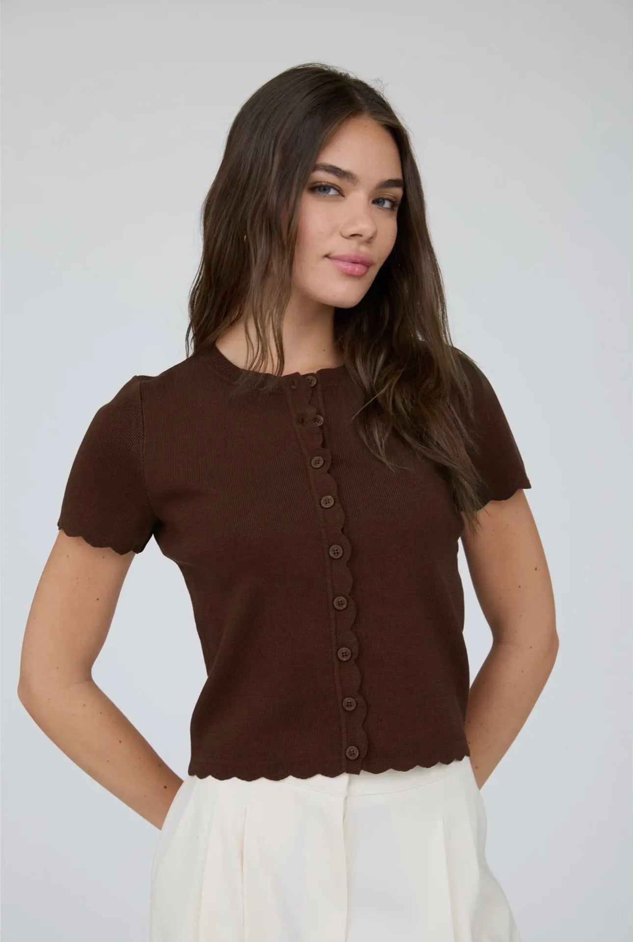 Ella Scalloped Short Sleeve Button Down
Knit Cardigan