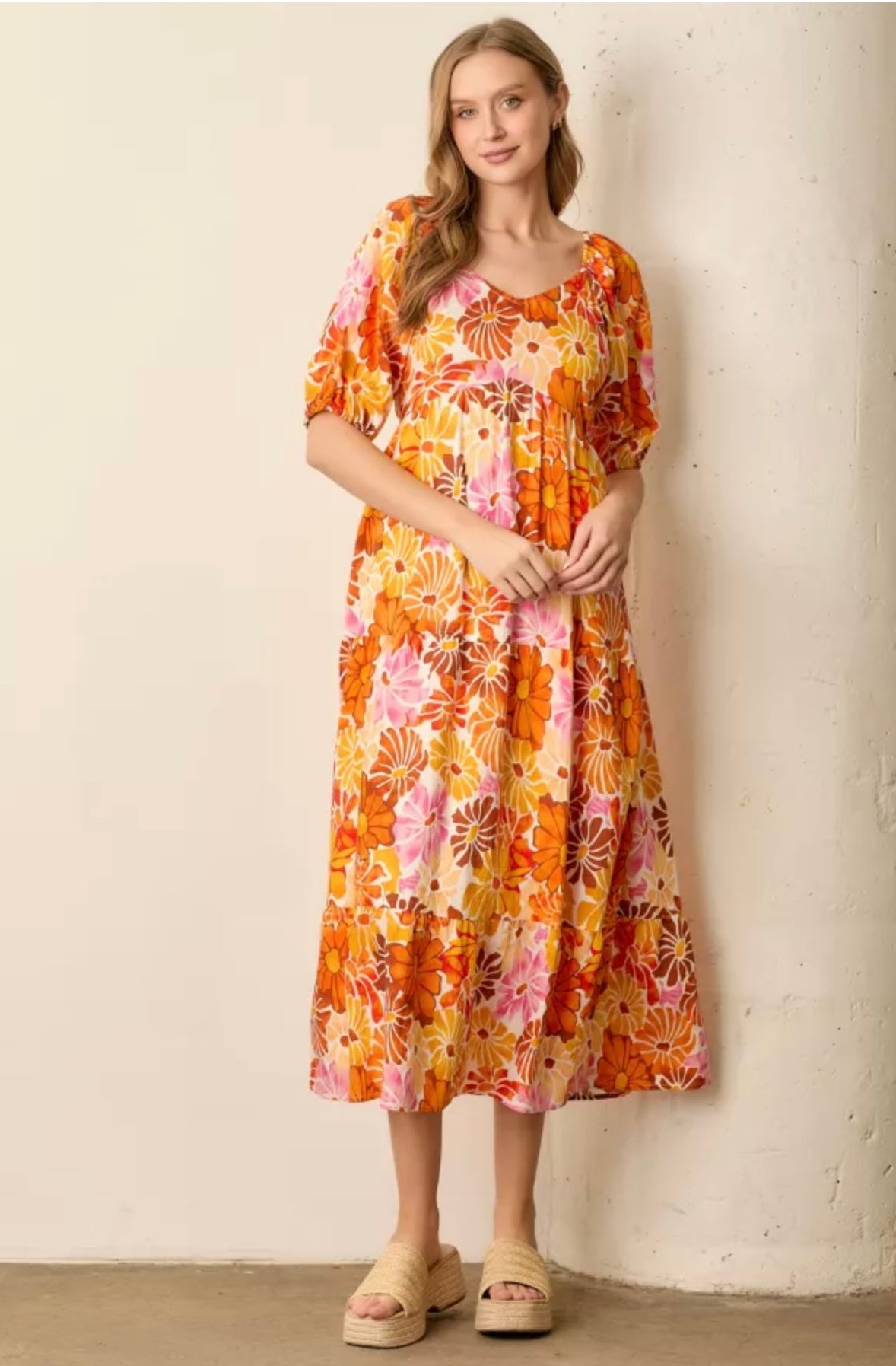 PRINTED FLORAL ROUND NECK DRESS