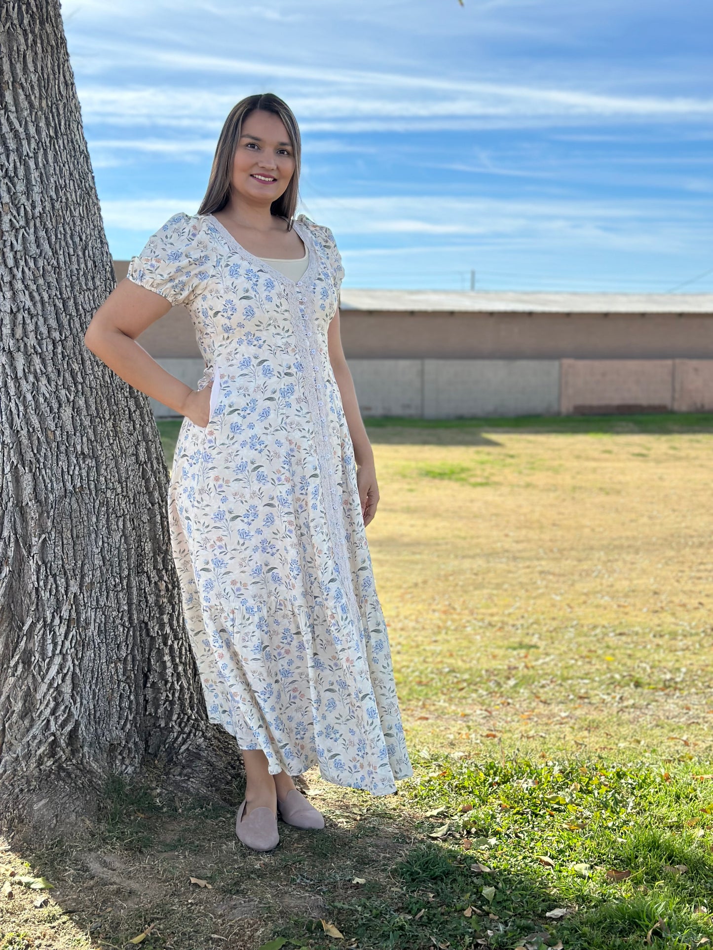 Ariella Lace Trim Button Down
Maxi Dress