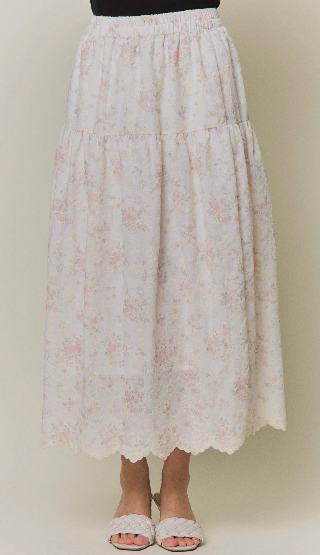 Linda Embroidered Floral Print Midi Skirt