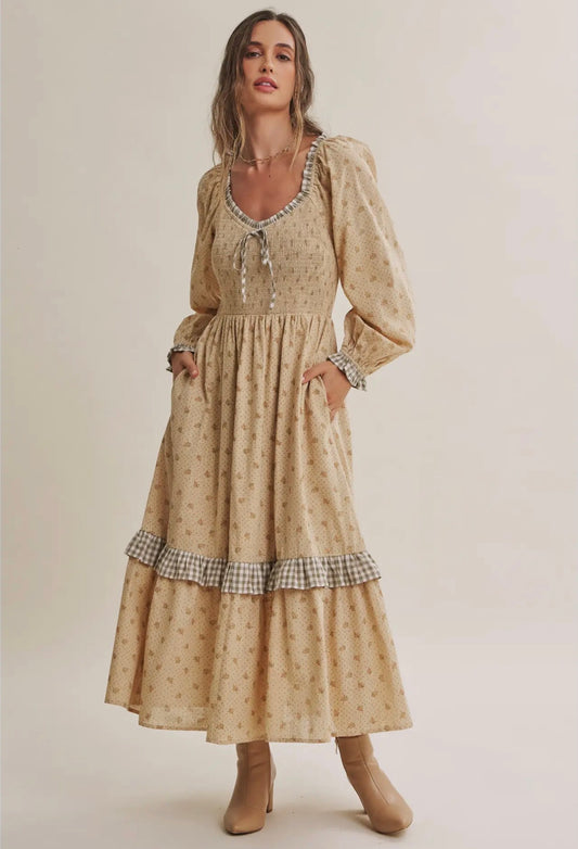 Mia Farmhouse Ditsy Floral Gingham
Mix Smocked Maxi Dress
