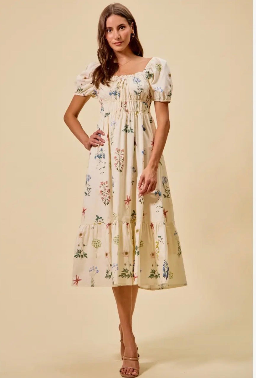 Nadia Floral Cotton Print Puff Sleeves Midi Dress