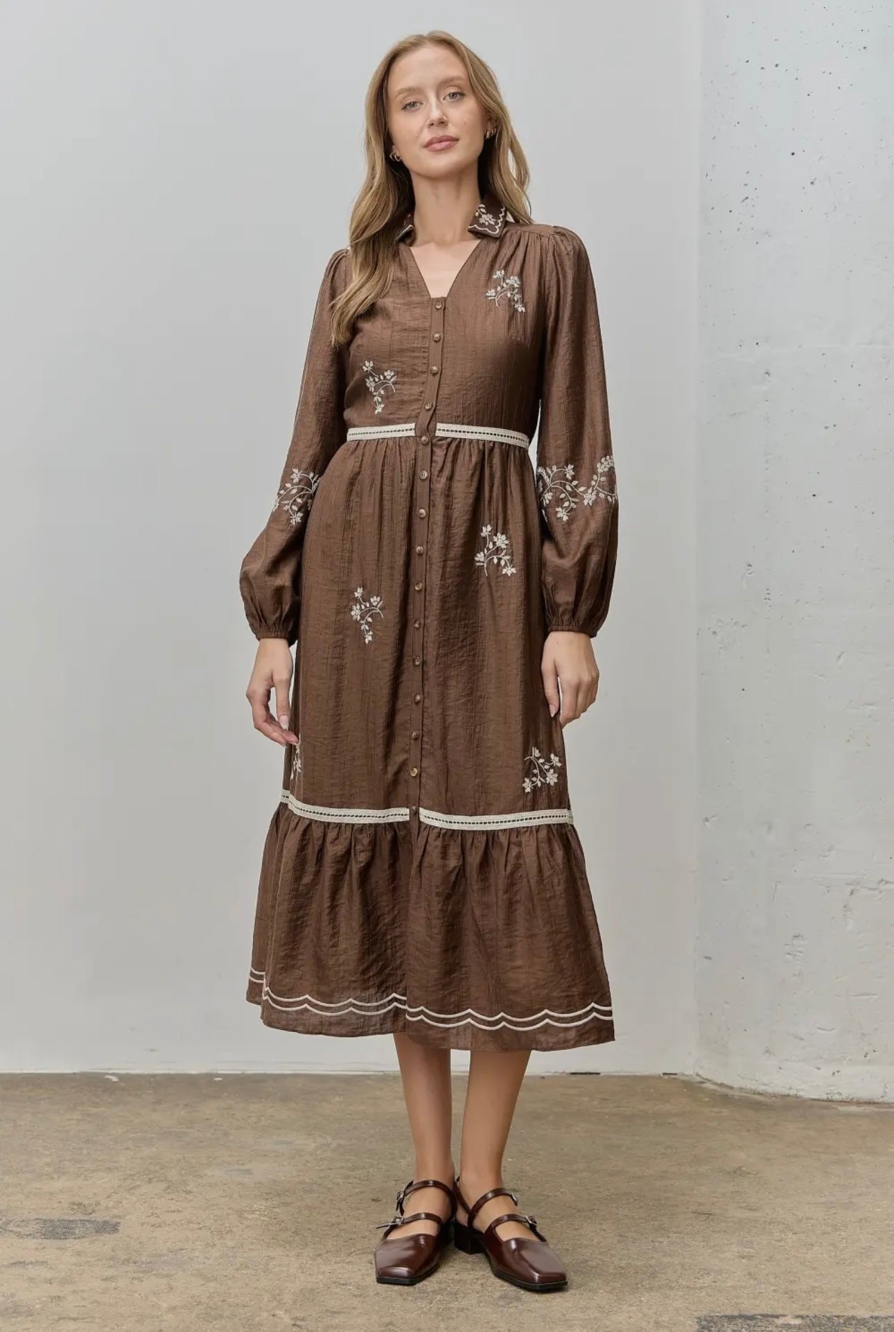 Ruth Floral Embroidered Button Front Dress