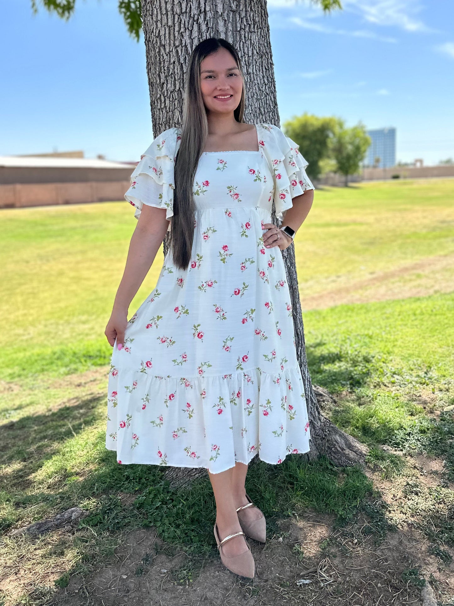Rose Floral Tiered Flutter Sleeve Midi Dress