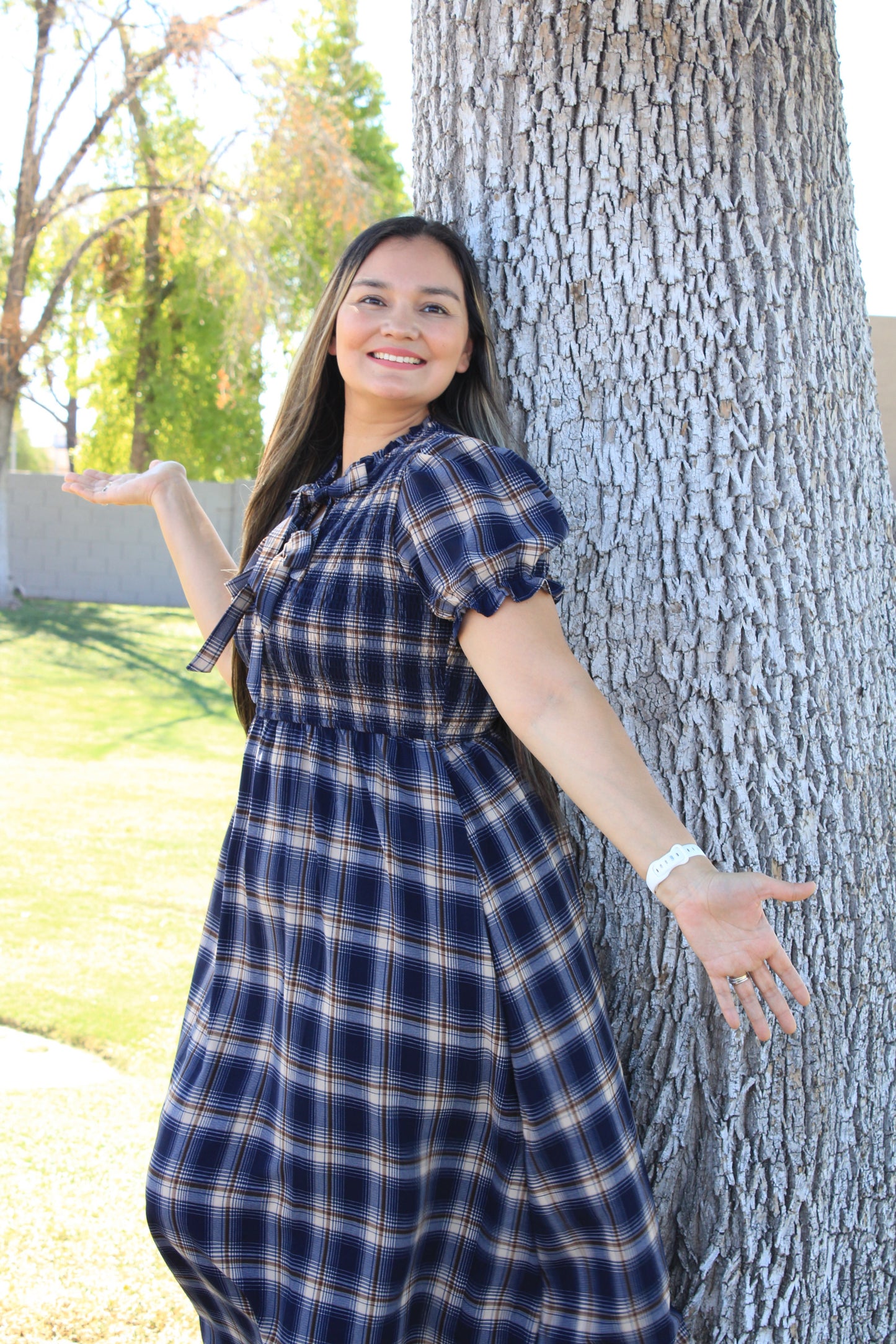 Plaid Front Tie Smocked Short Sleeve Midi Dress