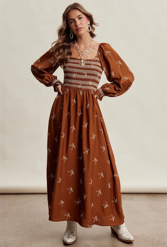 Luna Embroidered Bow Smocked Maxi Dress
