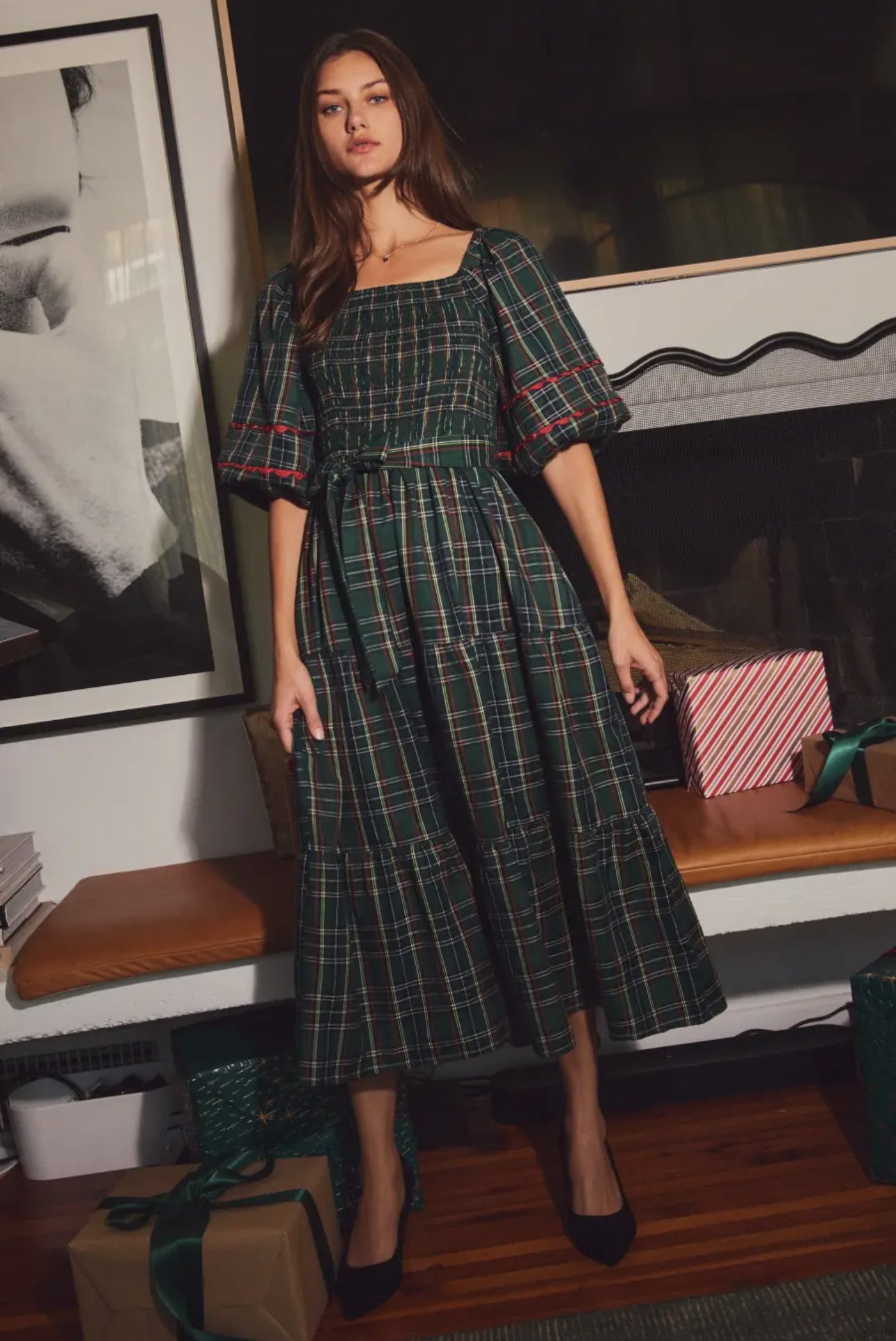 Rachel Smocked Plaid Midi Dress