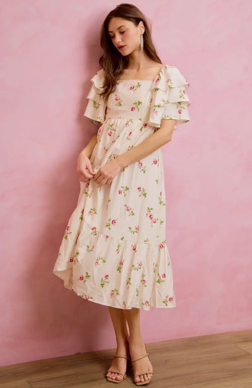 Rose Floral Tiered Flutter Sleeve Midi Dress