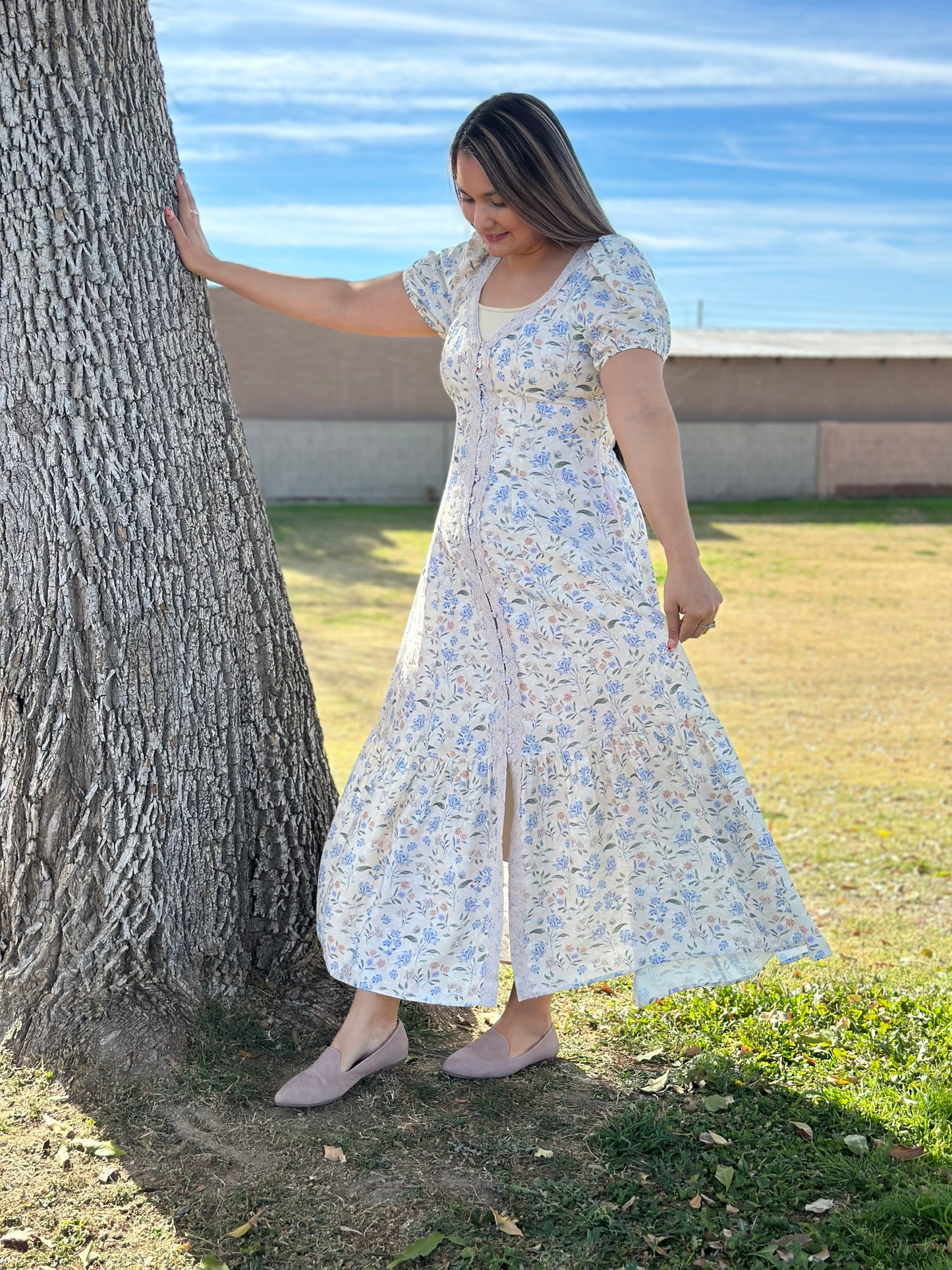 Ariella Lace Trim Button Down
Maxi Dress