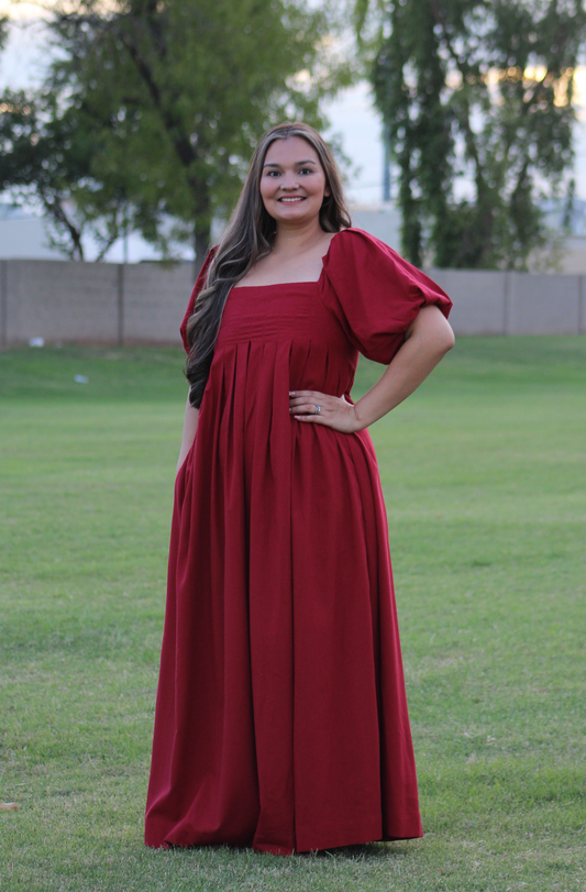 Square Neck Puff-Sleeve Maxi Dress