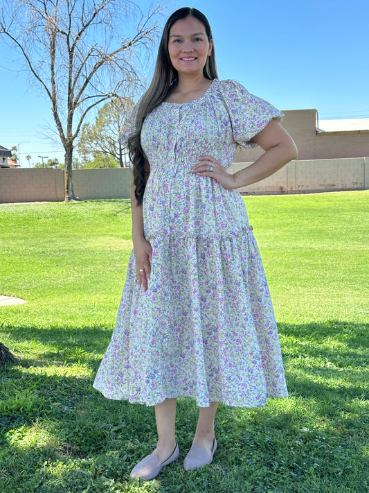 Alethia Floral Print Elastic Waist Midi Dress