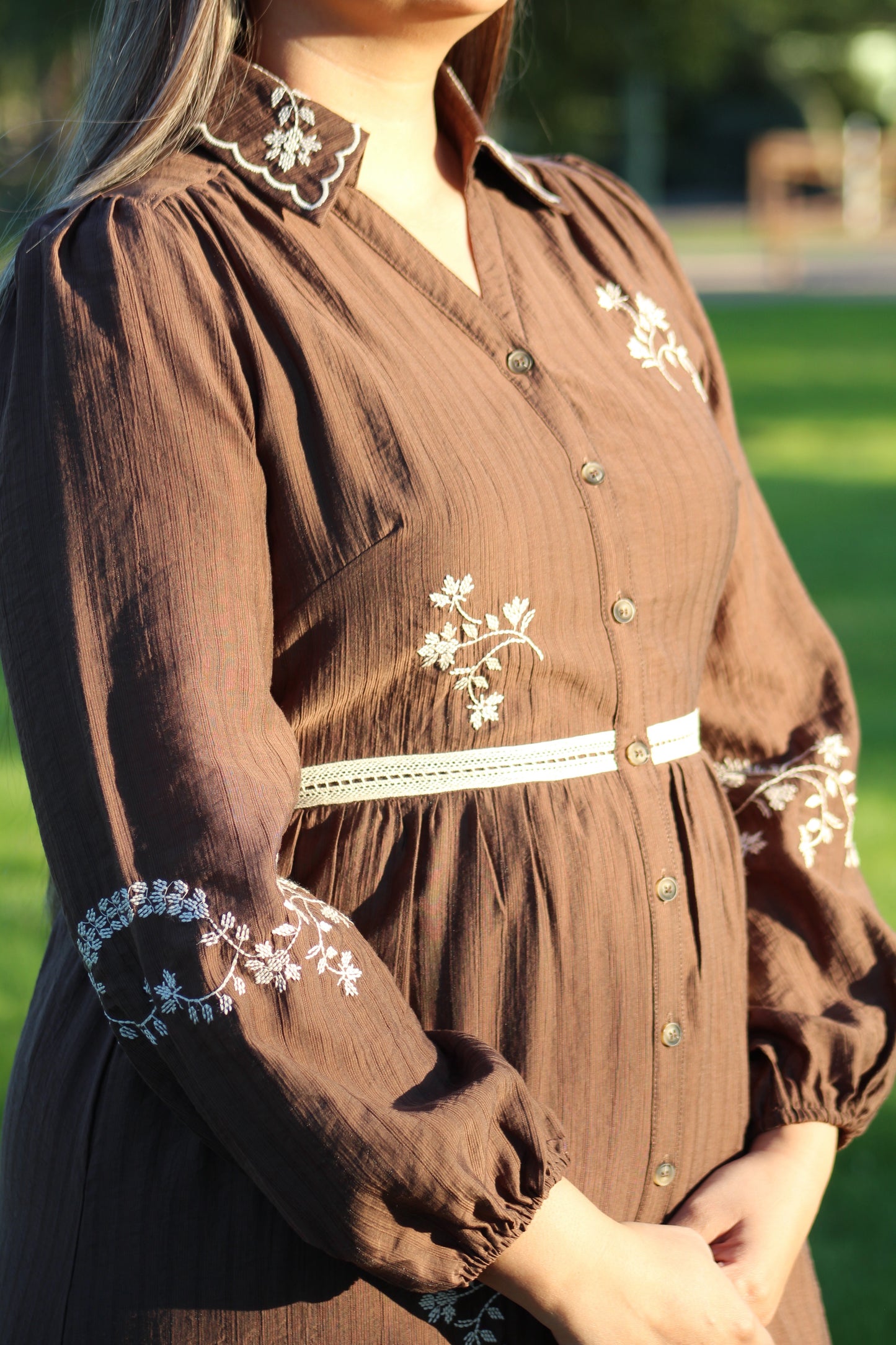Ruth Floral Embroidered Button Front Dress