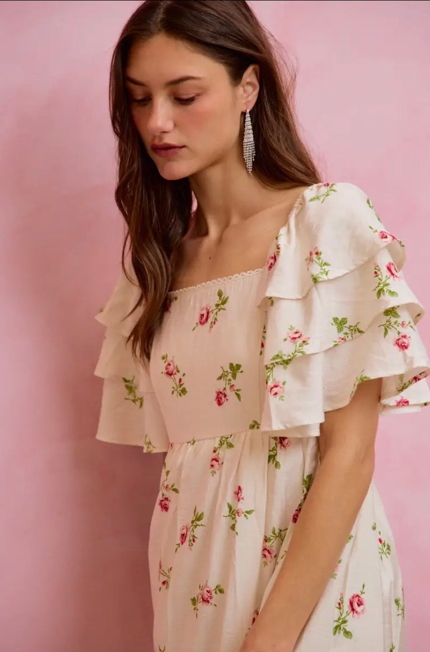 Rose Floral Tiered Flutter Sleeve Midi Dress