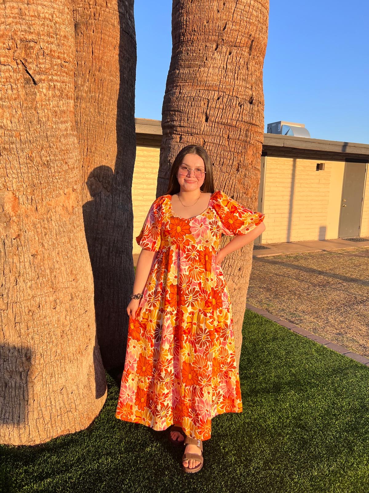 PRINTED FLORAL ROUND NECK DRESS