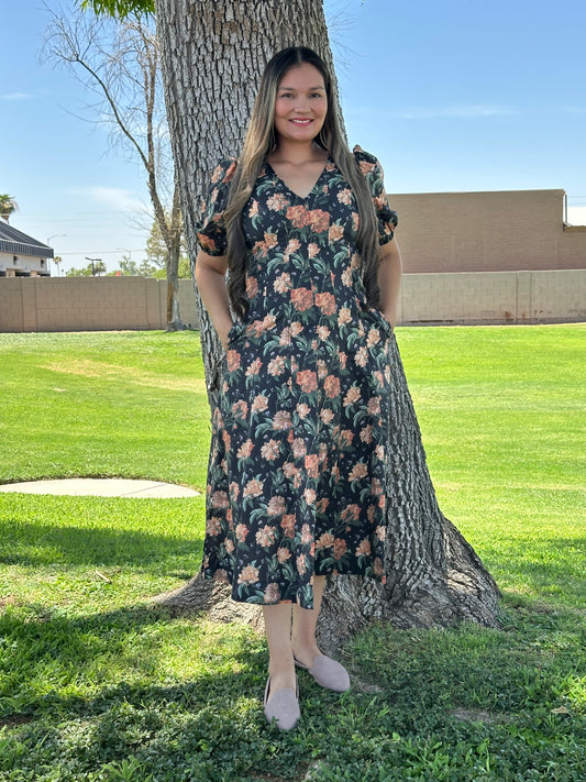 Rosy Floral Puff Sleeve Midi Dress