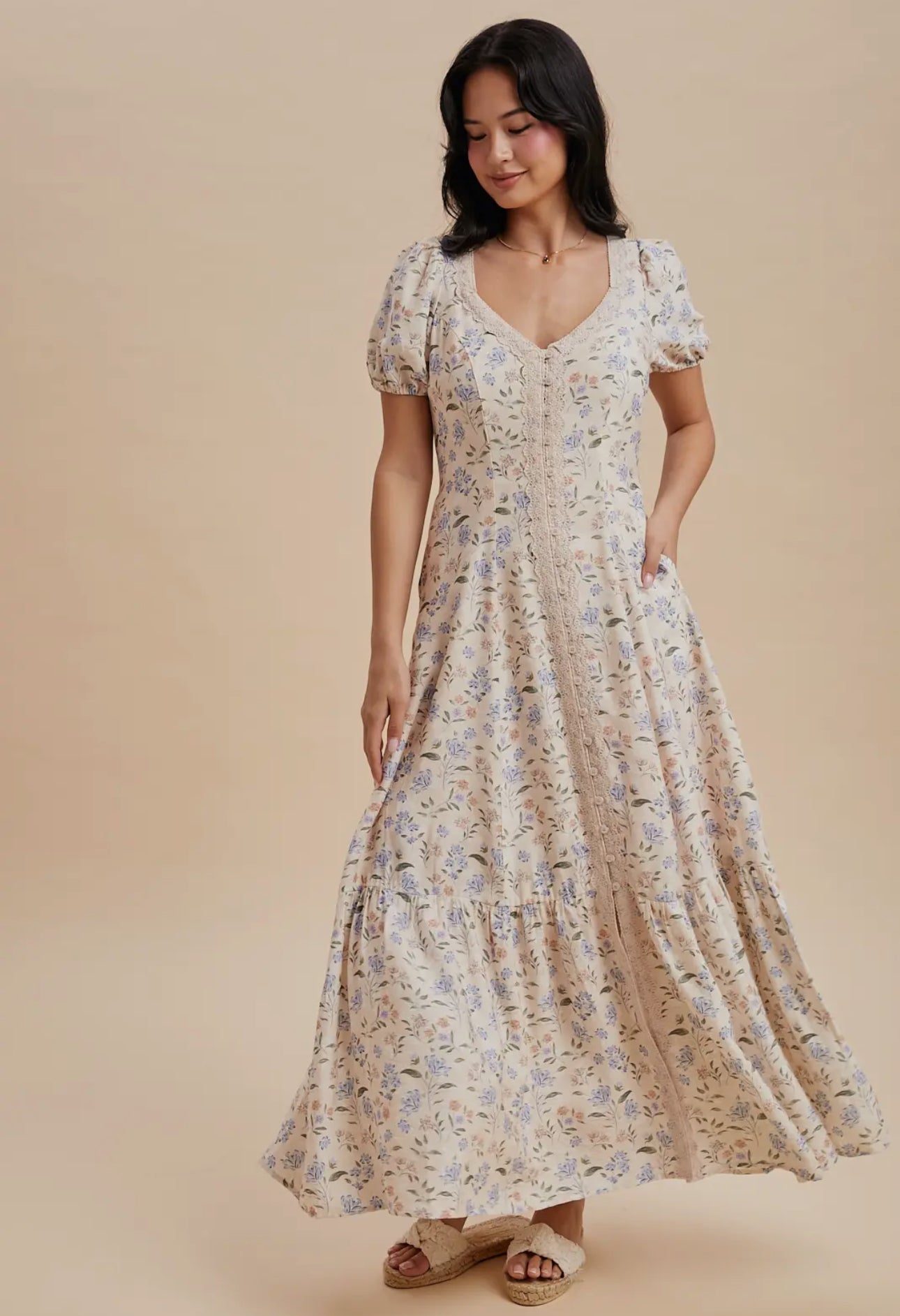 Ariella Lace Trim Button Down
Maxi Dress