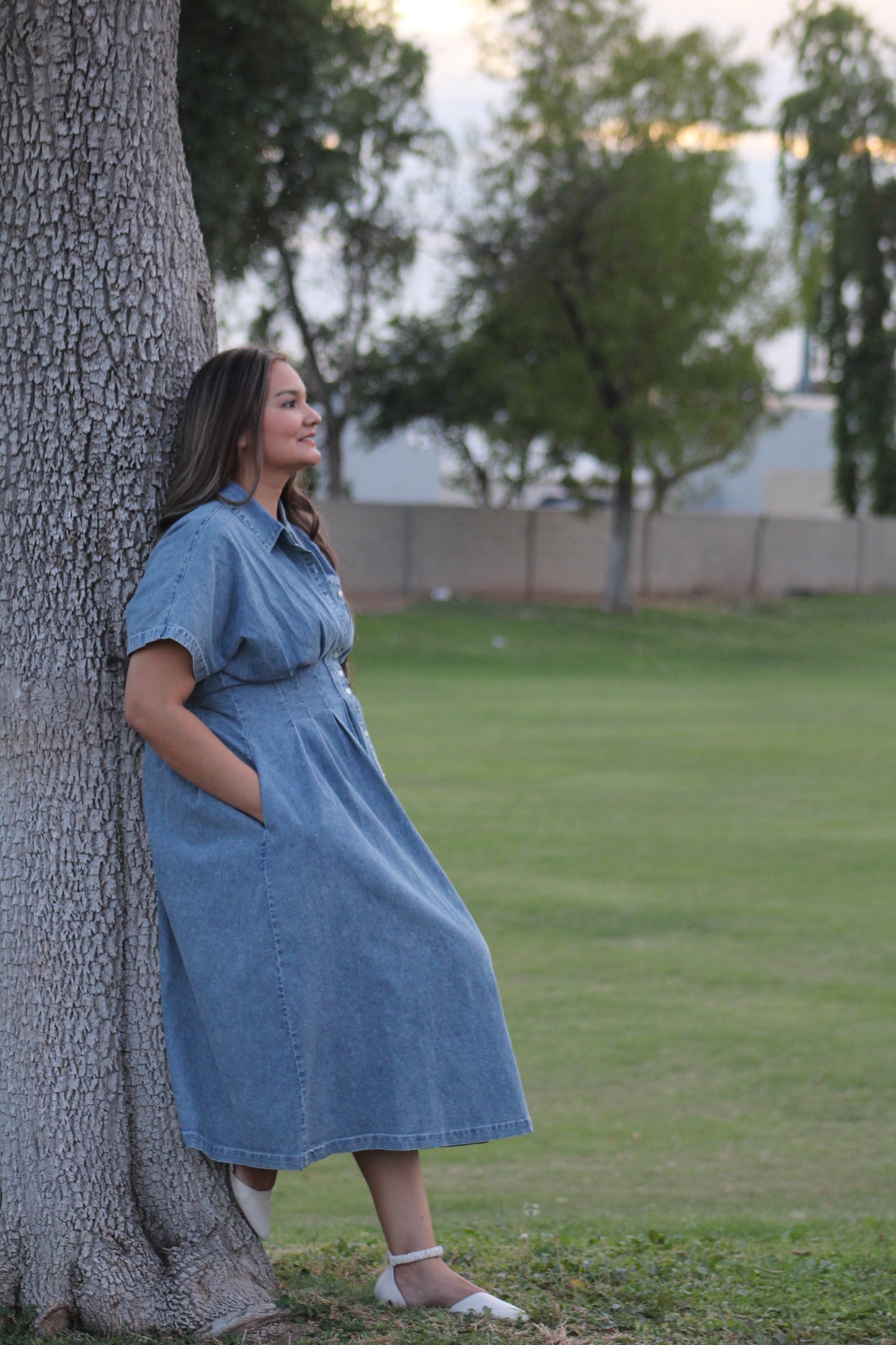 Stretchy Button-Down Denim
Pleated Midi Dress