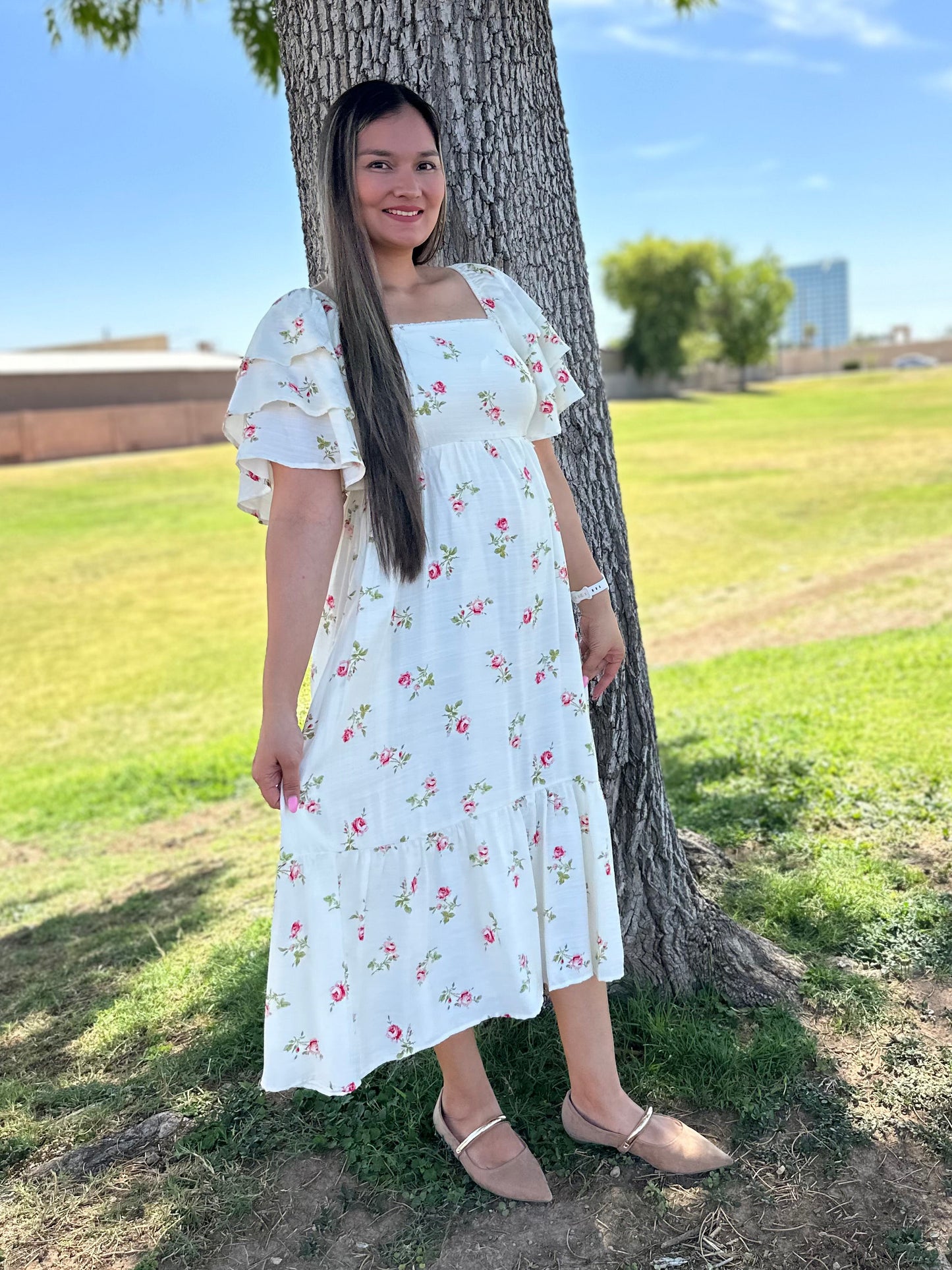 Rose Floral Tiered Flutter Sleeve Midi Dress