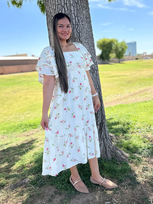 Rose Floral Tiered Flutter Sleeve Midi Dress