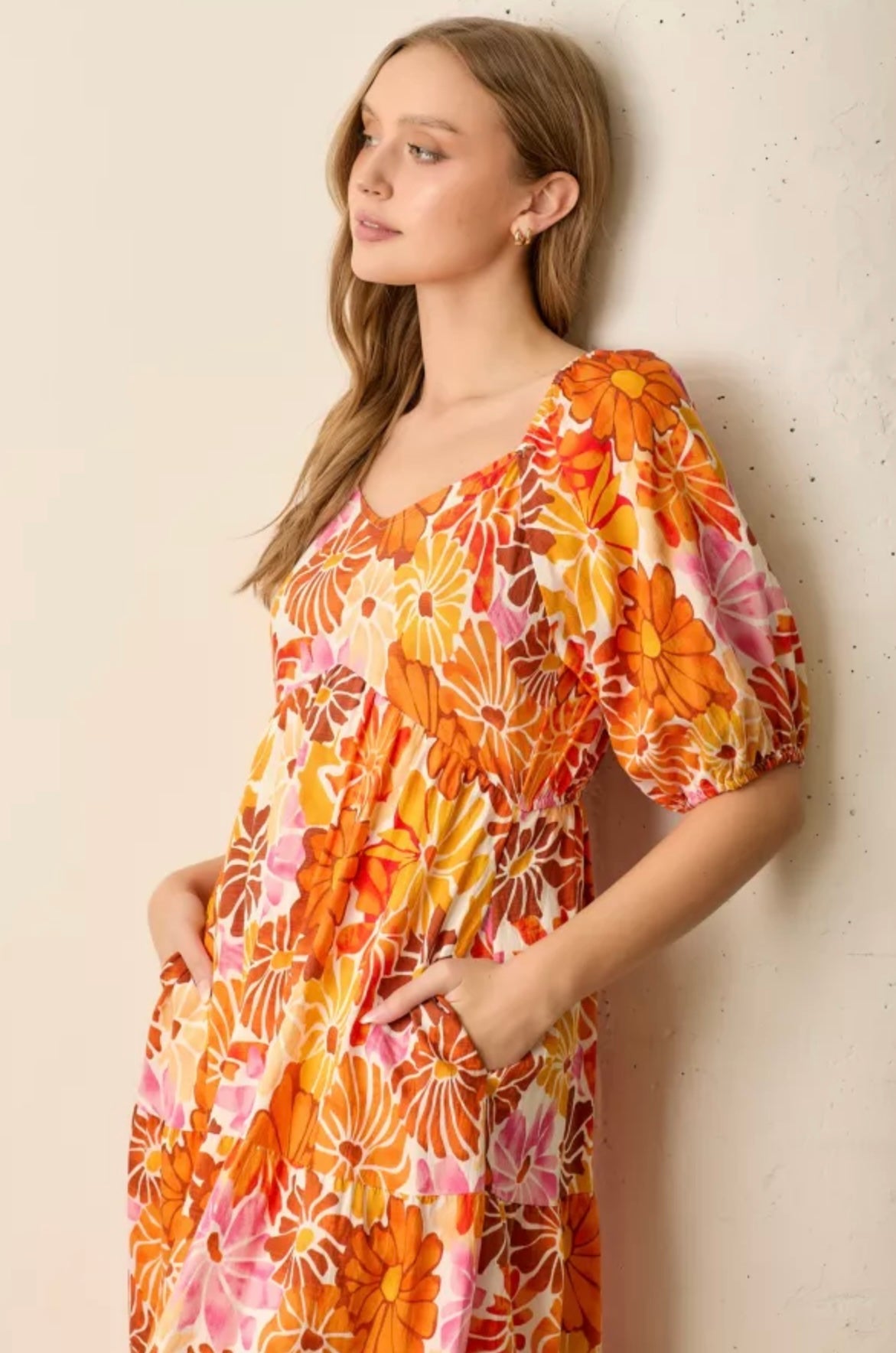 PRINTED FLORAL ROUND NECK DRESS