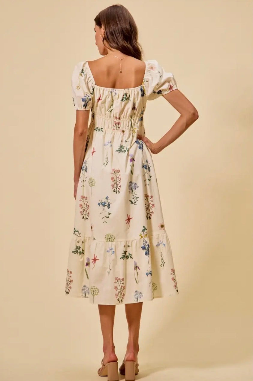 Nadia Floral Cotton Print Puff Sleeves Midi Dress