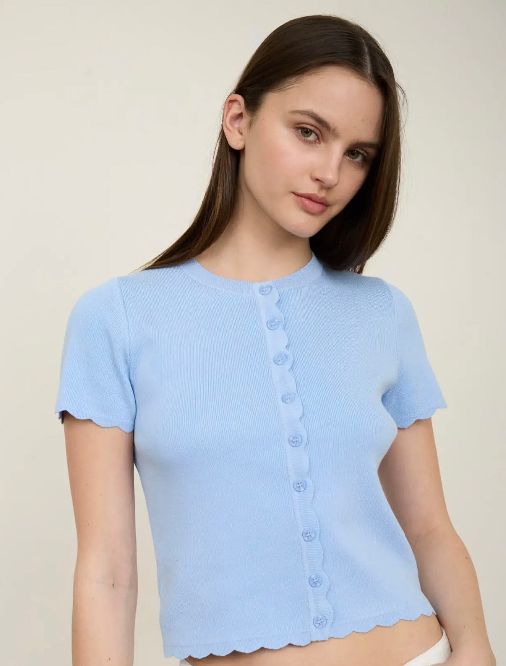 Ella Scalloped Short Sleeve Button Down
Knit Cardigan