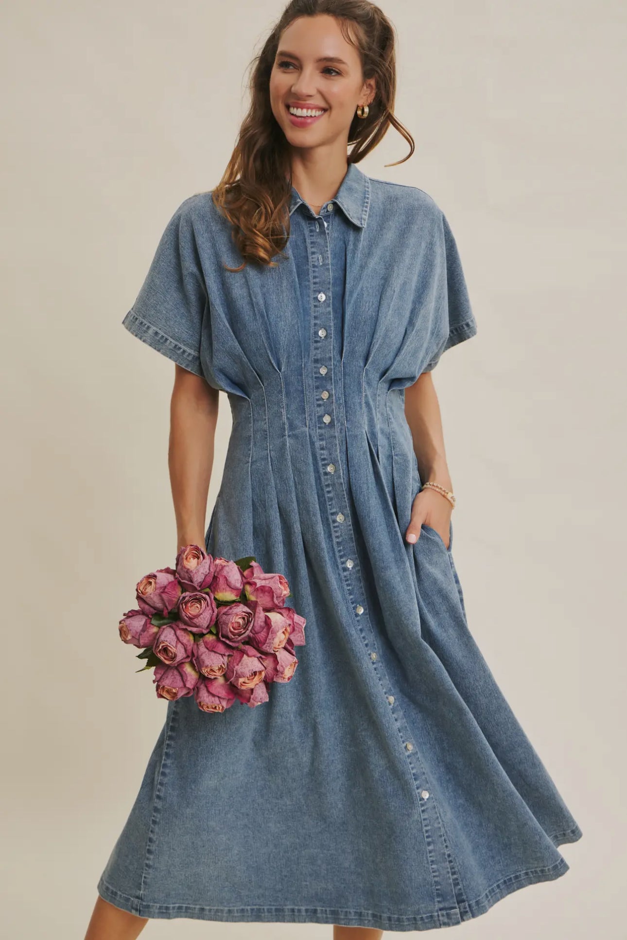 Stretchy Button-Down Denim
Pleated Midi Dress