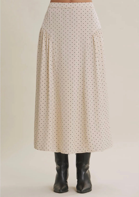 Dani French-Inspired Classic Polka Dot A Line Satin Midi Skirt