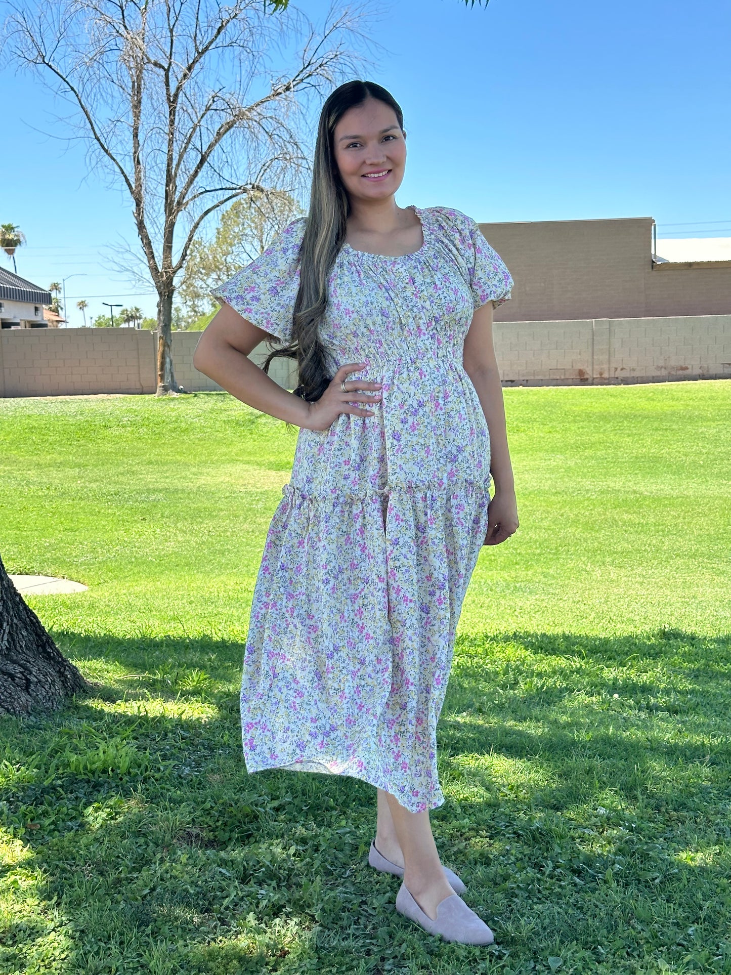 Alethia Floral Print Elastic Waist Midi Dress