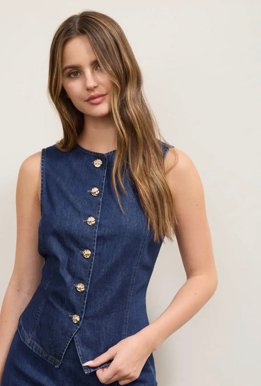 Layla Gold Button Round Neck Denim Vest Top
