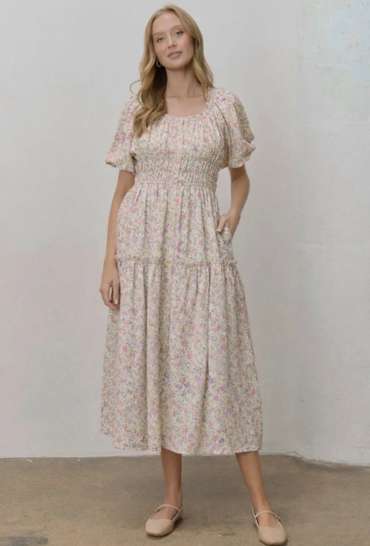 Alethia Floral Print Elastic Waist Midi Dress