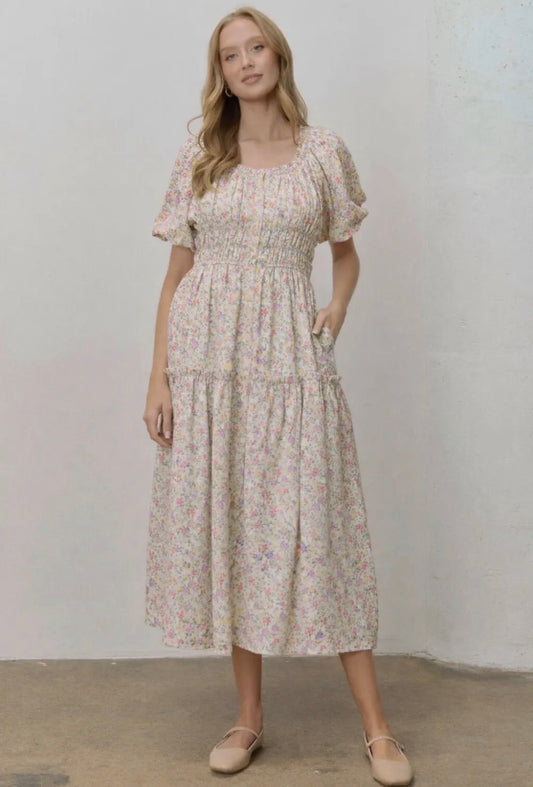 Alethia Floral Print Elastic Waist Midi Dress