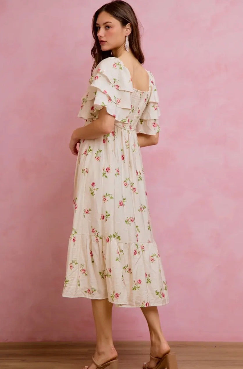 Rose Floral Tiered Flutter Sleeve Midi Dress